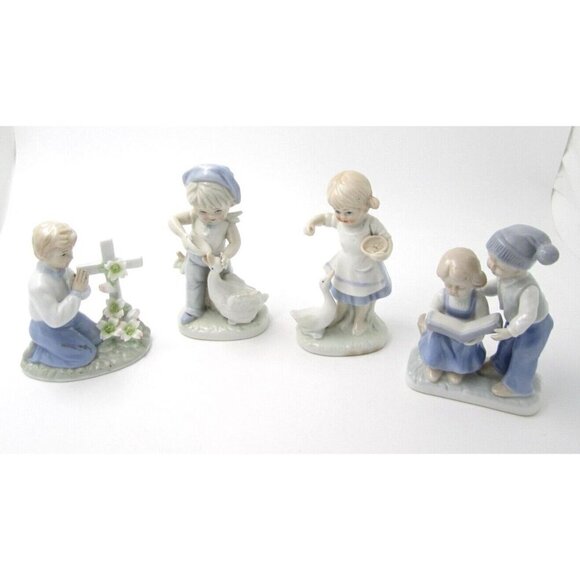 Lot of 4 Girl Feeding Goose/Duck, Praying, Reading Porcelain Figurine - Picture 1 of 10